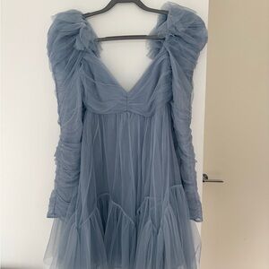 Zimmerman Blue Tulle Ruched Puff-Sleeve Mini Dress